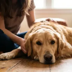 Złoty retriever leży na podłodze, a jego opiekunka delikatnie głaszcze go po głowie. Widać, że pies kocha te chwile bliskości.