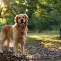Piękny golden retriever z wywieszonym językiem stoi na ścieżce w parku. Jak wygląda golden retriever? Ma gęste, złociste futro i przyjazne spojrzenie.