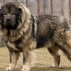 Potężny, dorosły owczarek kaukaski o wadze 100 kg, z gęstą, pręgowaną sierścią, stoi na trawiastym podwórku.