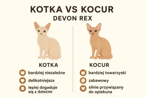 Porównanie Devon Rex: kotka jest bardziej niezależna, delikatniejsza i lepiej dogaduje się z dziećmi, a kocur jest bardziej towarzyski, zabawowy i silnie przywiązany do opiekuna.