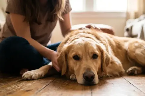 Złoty retriever leży na podłodze, a jego opiekunka delikatnie głaszcze go po głowie. Widać, że pies kocha te chwile bliskości.