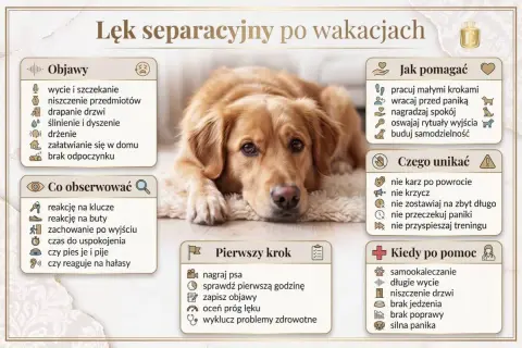 Lęk separacyjny u psa: objawy, jak pomagać, czego unikać i kiedy szukać pomocy. Pies leży na dywanie, wygląda na smutnego.