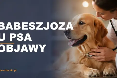 Weterynarz bada psa, na ekranie tekst: BABESZJOZA U PSA OBJAWY.