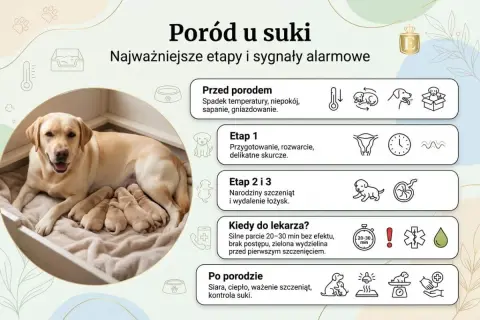 Szczęśliwa suka labrador z nowo narodzonymi szczeniętami. Obrazek przedstawia etapy porodu u suki i sygnały alarmowe.