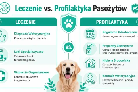 Grafika porównuje leczenie i profilaktykę przeciw pasożytom u psa. Pokazuje metody zwalczania robaków u psa i zapobiegania im.