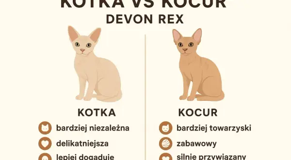 Porównanie Devon Rex: kotka jest bardziej niezależna, delikatniejsza i lepiej dogaduje się z dziećmi, a kocur jest bardziej towarzyski, zabawowy i silnie przywiązany do opiekuna.