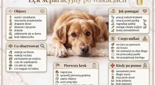 Lęk separacyjny u psa: objawy, jak pomagać, czego unikać i kiedy szukać pomocy. Pies leży na dywanie, wygląda na smutnego.