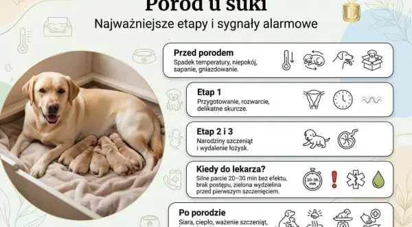 Szczęśliwa suka labrador z nowo narodzonymi szczeniętami. Obrazek przedstawia etapy porodu u suki i sygnały alarmowe.