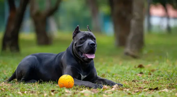 Potężny pies rasy cane corso, z imponującym wzrostem, leży na trawie obok pomarańczowej piłki.