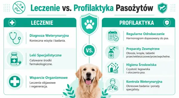Grafika porównuje leczenie i profilaktykę przeciw pasożytom u psa. Pokazuje metody zwalczania robaków u psa i zapobiegania im.