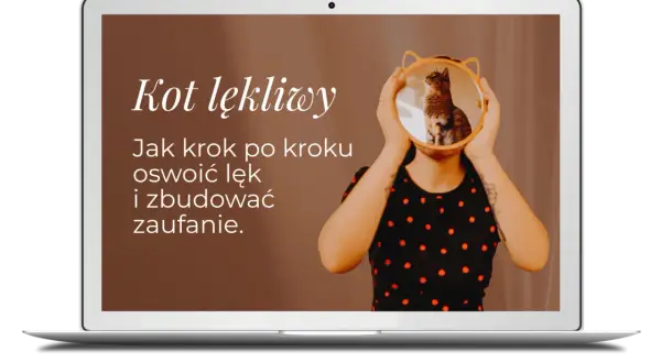Na ekranie laptopa tekst "Kot lękliwy. Jak krok po kroku oswoić lęk i zbudować zaufanie." nad zdjęciem kota w okrągłym lustrze.