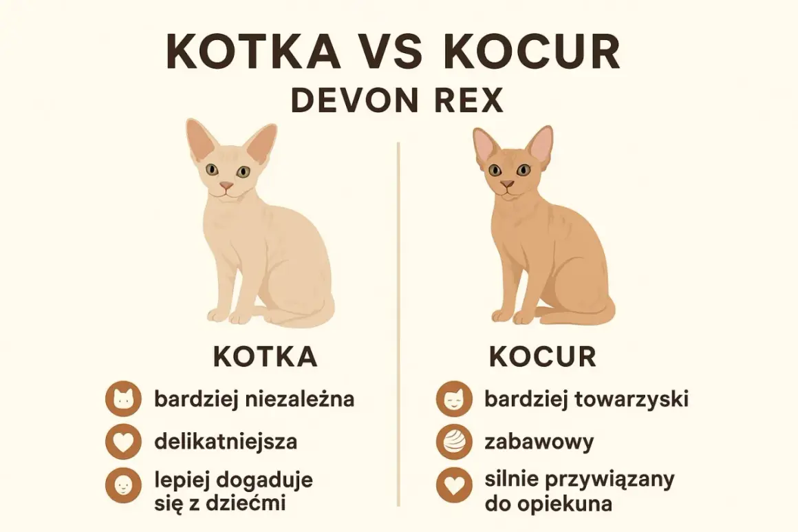 Porównanie Devon Rex: kotka jest bardziej niezależna, delikatniejsza i lepiej dogaduje się z dziećmi, a kocur jest bardziej towarzyski, zabawowy i silnie przywiązany do opiekuna.