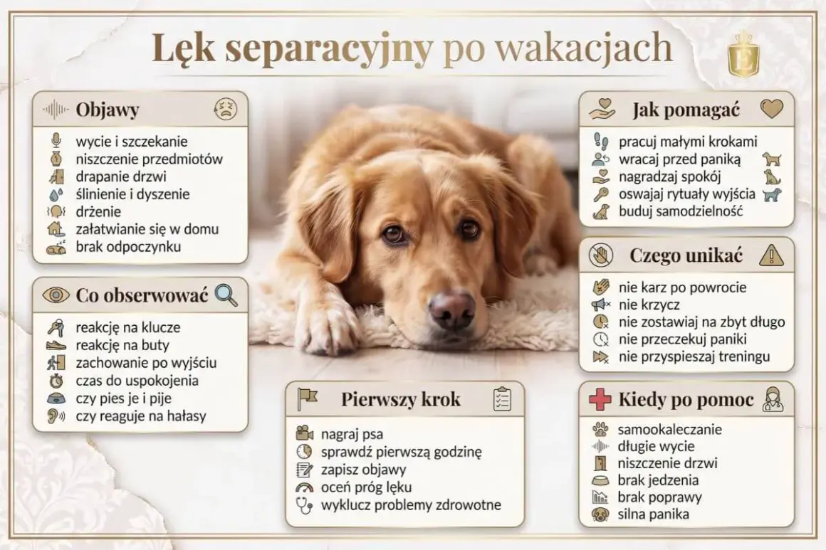 Lęk separacyjny u psa: objawy, jak pomagać, czego unikać i kiedy szukać pomocy. Pies leży na dywanie, wygląda na smutnego.