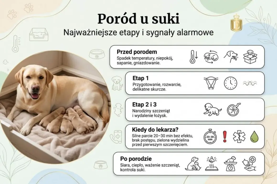 Szczęśliwa suka labrador z nowo narodzonymi szczeniętami. Obrazek przedstawia etapy porodu u suki i sygnały alarmowe.