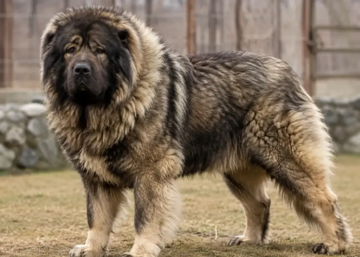 Potężny, dorosły owczarek kaukaski o wadze 100 kg, z gęstą, pręgowaną sierścią, stoi na trawiastym podwórku.