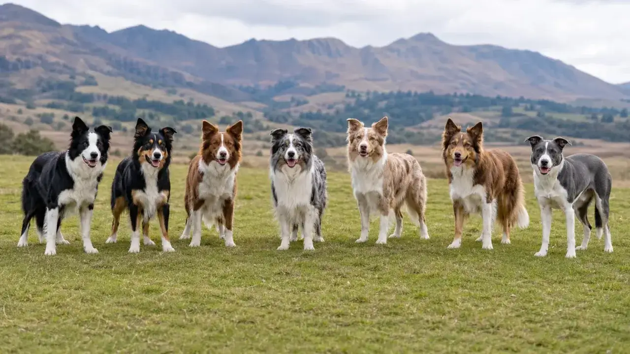 Siedem ps&oacute;w rasy border collie prezentuje r&oacute;żnorodne umaszczenie: czarne, rude, merle i szare.