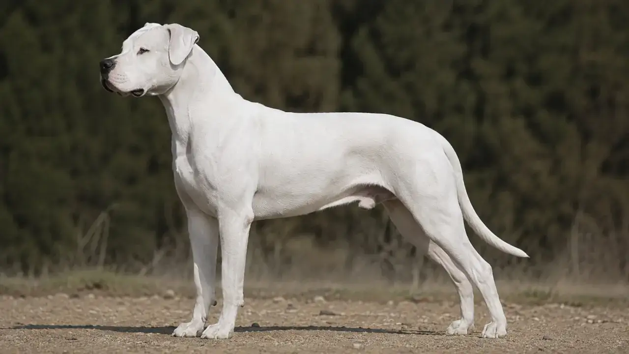 Potężny dog argentyński, o białej sierści i dumnej postawie, stoi na tle leśnej gęstwiny. Jego waga świadczy o sile i atletycznej budowie.