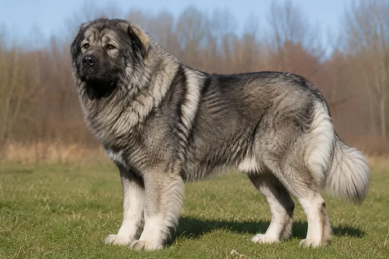 Potężny, dorosły owczarek kaukaski o wadze 100 kg, z gęstą, szarą sierścią, stoi na zielonej łące.