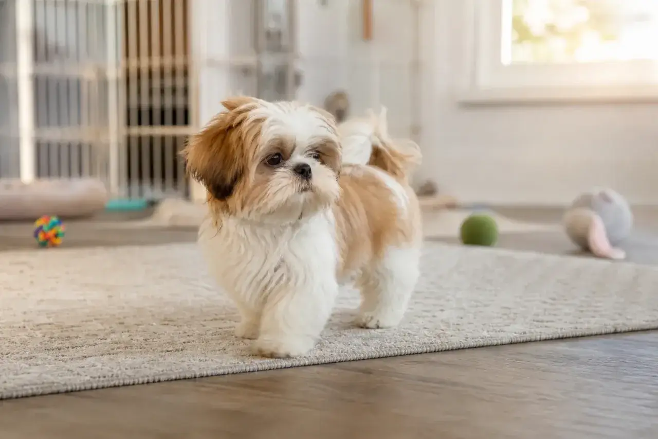Uroczy shih tzu sam w domu, otoczony zabawkami. Czeka na powrót swoich ludzi.