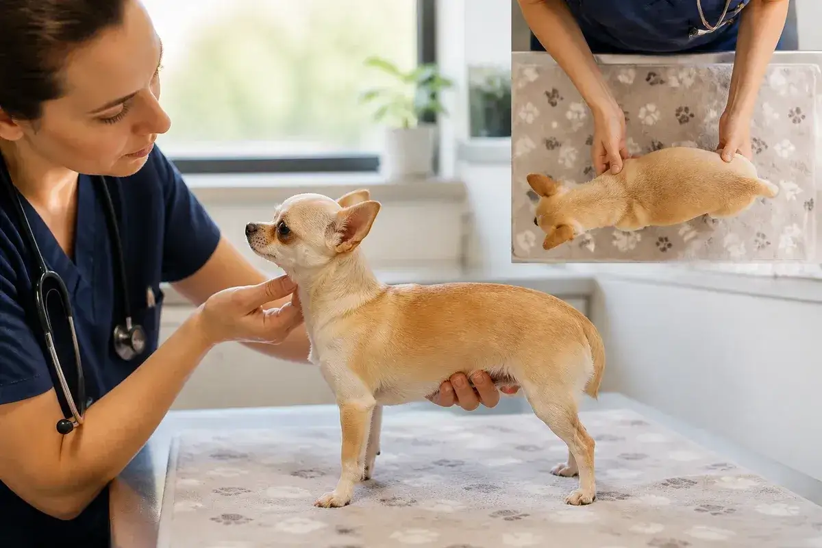 Weterynarz bada małego chihuahua. Długowieczność chihuahua miniaturki zależy od opieki.