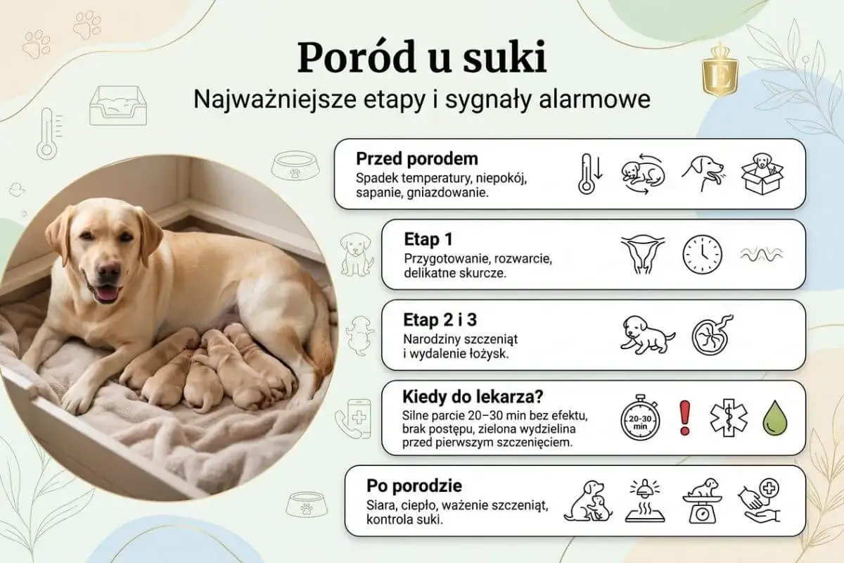 Szczęśliwa suka labrador z nowo narodzonymi szczeniętami. Obrazek przedstawia etapy porodu u suki i sygnały alarmowe.