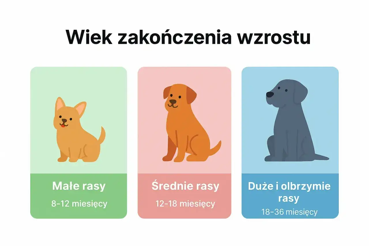 Ilustracja pokazuje, kiedy pies jest dorosły. Małe rasy kończą wzrost po 8-12 miesiącach, średnie po 12-18, a duże i olbrzymie po 18-36 miesiącach.
