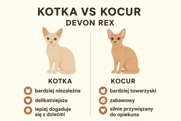 Porównanie Devon Rex: kotka jest bardziej niezależna, delikatniejsza i lepiej dogaduje się z dziećmi, a kocur jest bardziej towarzyski, zabawowy i silnie przywiązany do opiekuna.