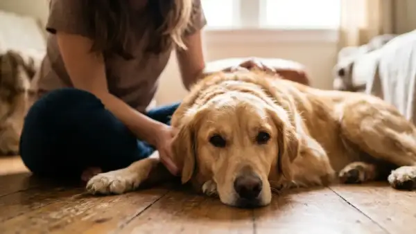 Złoty retriever leży na podłodze, a jego opiekunka delikatnie głaszcze go po głowie. Widać, że pies kocha te chwile bliskości.
