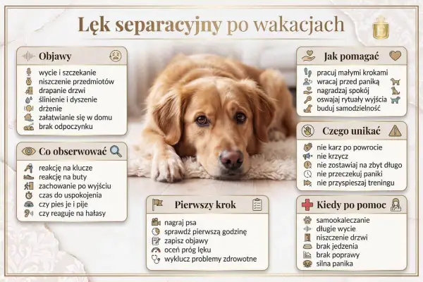 Lęk separacyjny u psa: objawy, jak pomagać, czego unikać i kiedy szukać pomocy. Pies leży na dywanie, wygląda na smutnego.