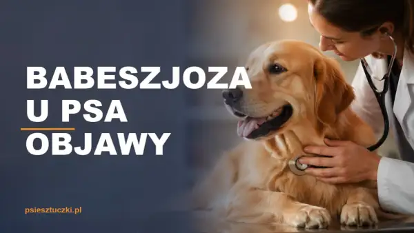 Weterynarz bada psa, na ekranie tekst: BABESZJOZA U PSA OBJAWY.