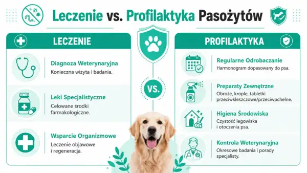 Grafika porównuje leczenie i profilaktykę przeciw pasożytom u psa. Pokazuje metody zwalczania robaków u psa i zapobiegania im.