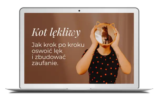 Na ekranie laptopa tekst "Kot lękliwy. Jak krok po kroku oswoić lęk i zbudować zaufanie." nad zdjęciem kota w okrągłym lustrze.