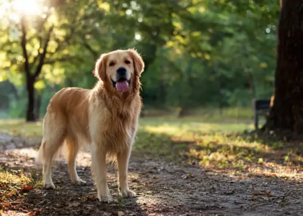 Piękny golden retriever z wywieszonym językiem stoi na ścieżce w parku. Jak wygląda golden retriever? Ma gęste, złociste futro i przyjazne spojrzenie.